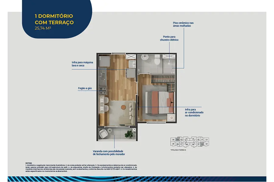 Planta de 1 dormitório com terraço, 25,74 m², Abytá Nações Unidas