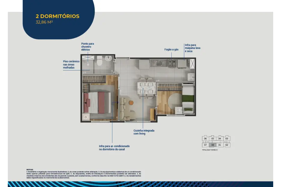 Planta de 2 dormitórios, 32,86 m², Abytá Nações Unidas